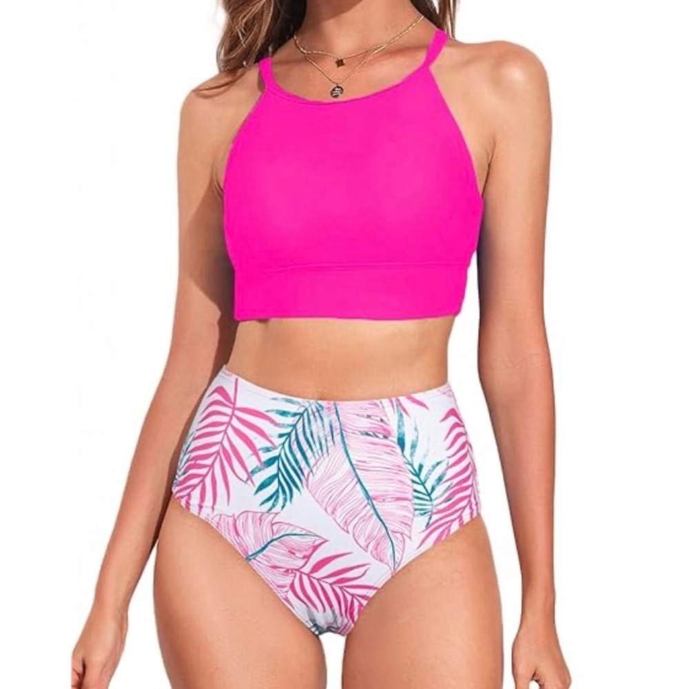 New Women’s 2 Piece Pink Halter Style High Waist Bikini Swimsuit Set / medium